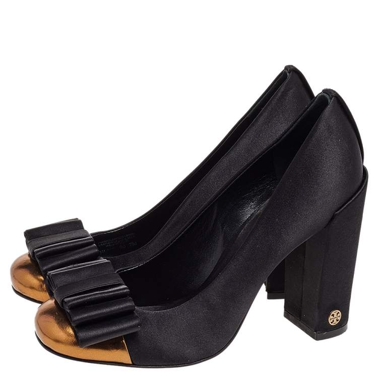 Pre Owned Tory Burch Black/Gold Satin And Leather Bow Block Heel Pumps SIze 37