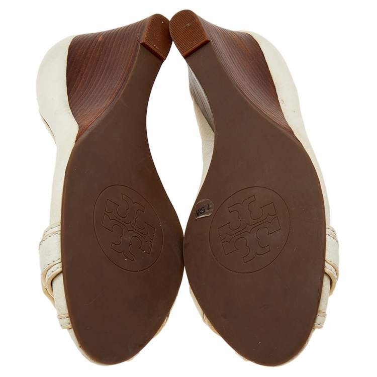 Pre Owned Tory Burch Cream Leather Peep Toe Pumps Size 37.5
