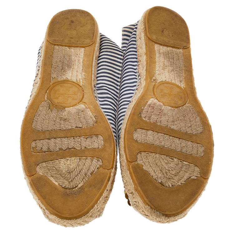 Pre Owned Tory Burch Beige/Blue Canvas Embellished Flats Size 38