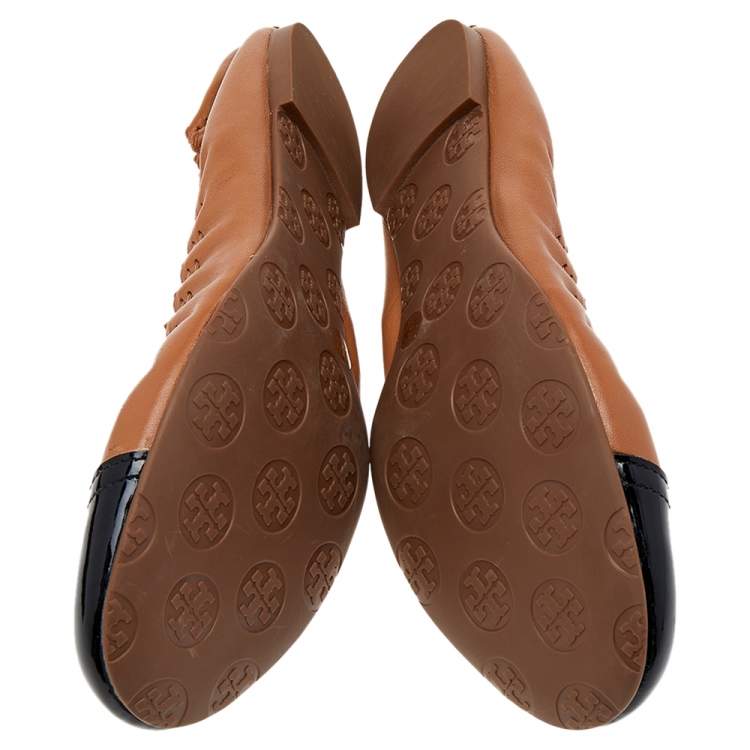 Pre Owned Tory Burch Brown/Black Patent And Leather Ballet Flats Size 38.5
