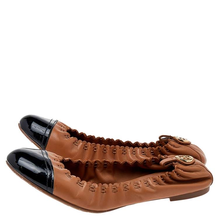 Pre Owned Tory Burch Brown/Black Patent And Leather Ballet Flats Size 38.5