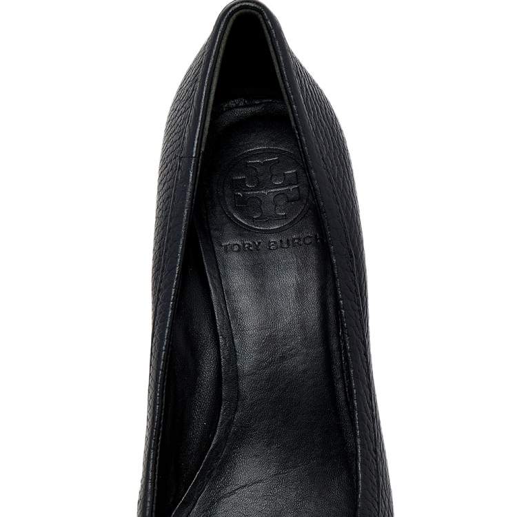 Pre Owned Tory Burch Black Leather Wedge Pumps Size 35