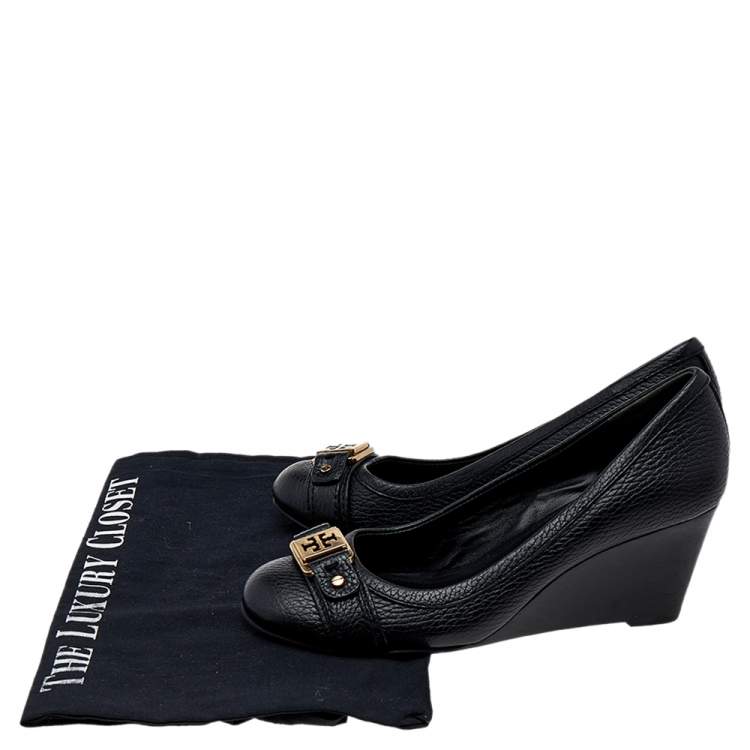 Pre Owned Tory Burch Black Leather Wedge Pumps Size 35