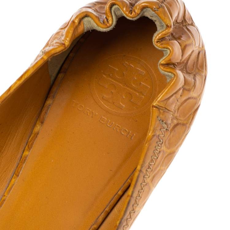 Pre Owned Tory Burch Mustard Croc Embossed Leather Minnie Travel Ballet Flats Size 40
