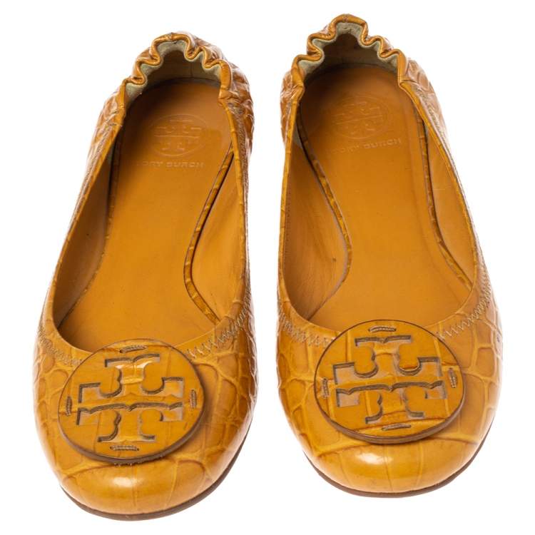 Pre Owned Tory Burch Mustard Croc Embossed Leather Minnie Travel Ballet Flats Size 40