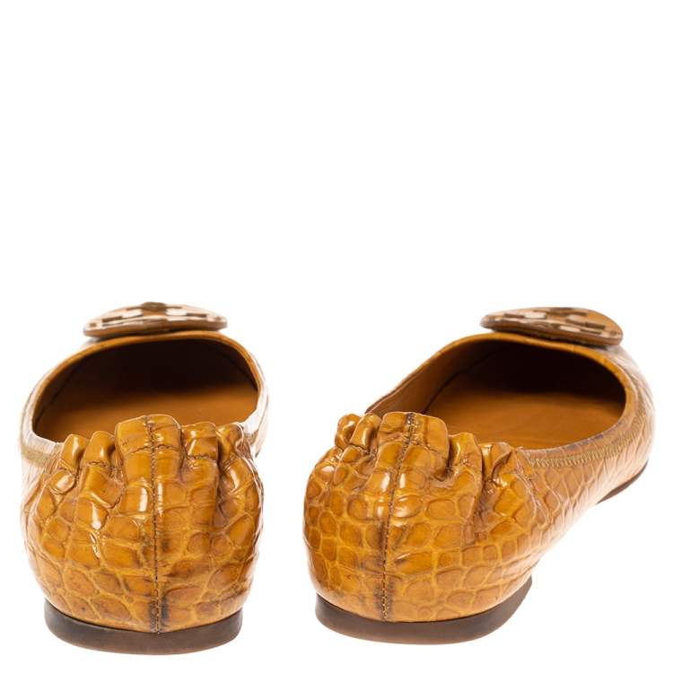 Pre Owned Tory Burch Mustard Croc Embossed Leather Minnie Travel Ballet Flats Size 40