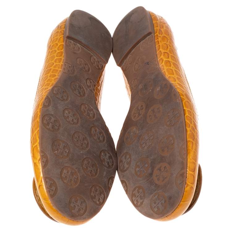 Pre Owned Tory Burch Mustard Croc Embossed Leather Minnie Travel Ballet Flats Size 40