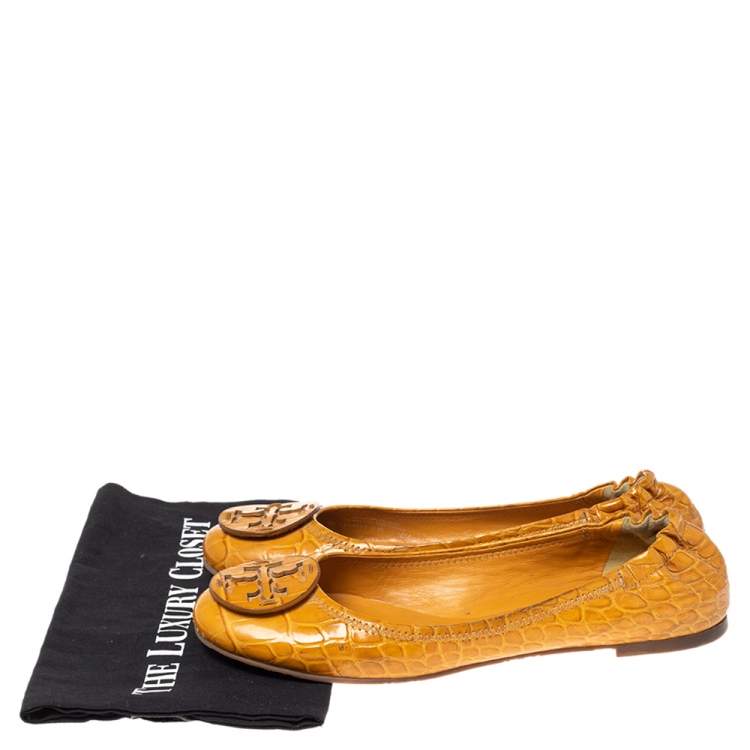 Pre Owned Tory Burch Mustard Croc Embossed Leather Minnie Travel Ballet Flats Size 40