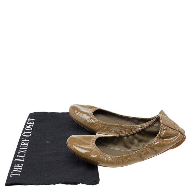 Pre Owned Tory Burch Olive Green Patent Leather Scrunch Ballet Flats Size 38