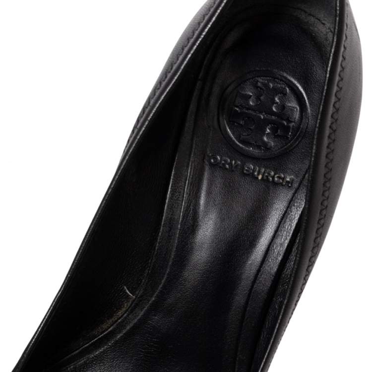 Pre Owned Tory Burch Black Leather Sophie Embellished Wedge Pumps Size 38