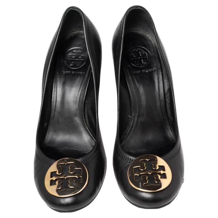 Pre Owned Tory Burch Black Leather Sophie Embellished Wedge Pumps Size 38
