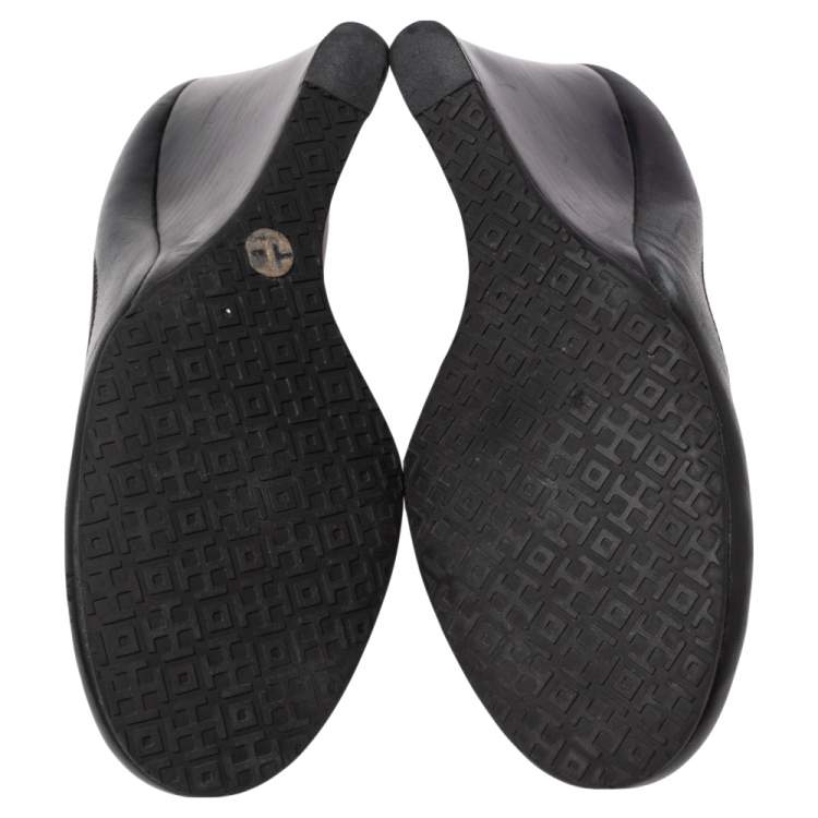 Pre Owned Tory Burch Black Leather Sophie Embellished Wedge Pumps Size 38