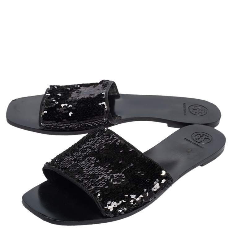 Pre Owned Tory Burch Black/Silver Sequins Flat Slides Size 41.5