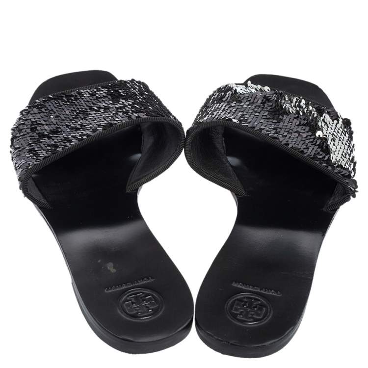 Pre Owned Tory Burch Black/Silver Sequins Flat Slides Size 41.5