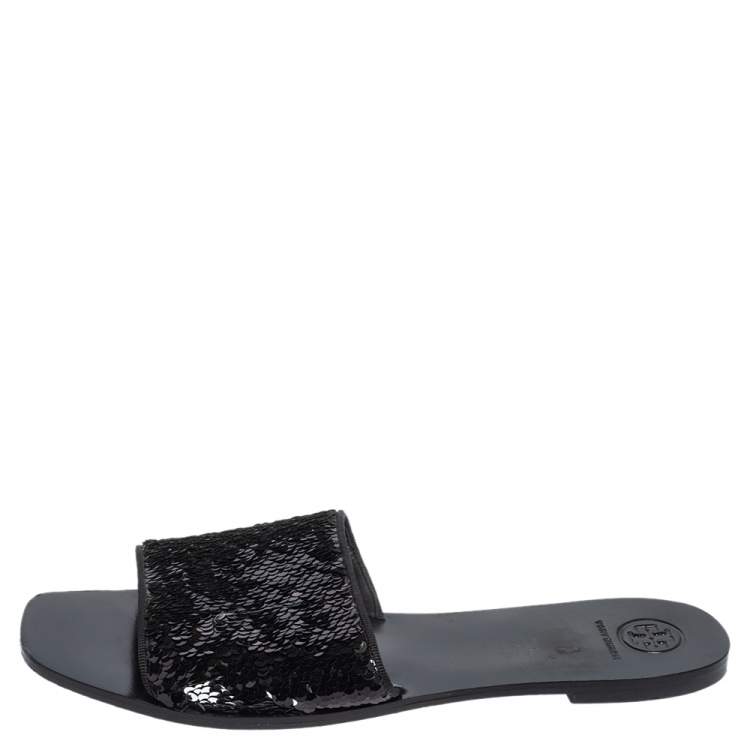 Tory Burch Black/Silver Sequins Flat Slides Size  Tory Burch | TLC