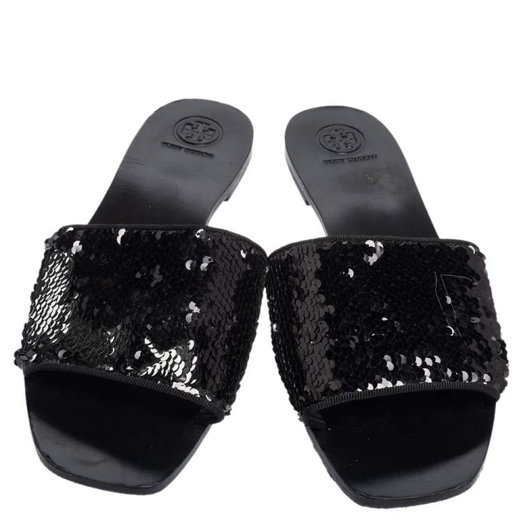 Pre Owned Tory Burch Black/Silver Sequins Flat Slides Size 41.5
