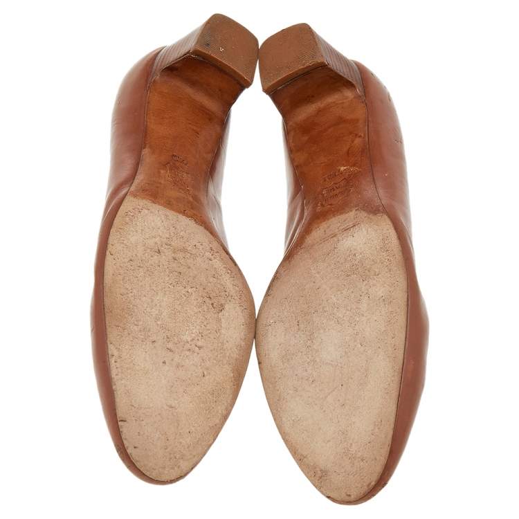 Pre Owned Tory Burch Brown Leather Reva Block Heel Pumps Size 37.5