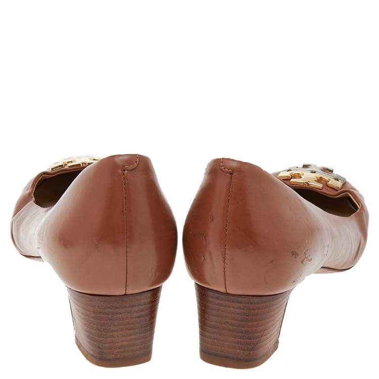 Pre Owned Tory Burch Brown Leather Reva Block Heel Pumps Size 37.5