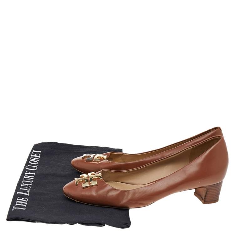 Pre Owned Tory Burch Brown Leather Reva Block Heel Pumps Size 37.5