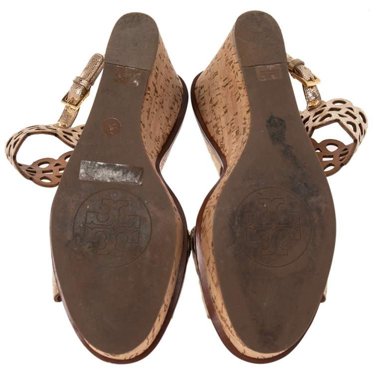 Pre Owned Tory Burch Shimmery Gold Laser Cut Leather Nori Cork Wedges Platform Sandals Size 39