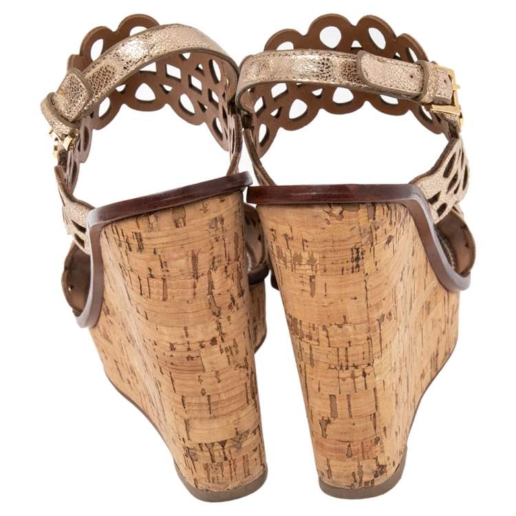 Pre Owned Tory Burch Shimmery Gold Laser Cut Leather Nori Cork Wedges Platform Sandals Size 39