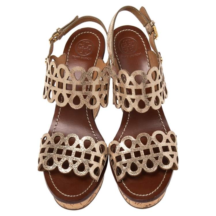 Pre Owned Tory Burch Shimmery Gold Laser Cut Leather Nori Cork Wedges Platform Sandals Size 39