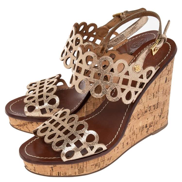 Pre Owned Tory Burch Shimmery Gold Laser Cut Leather Nori Cork Wedges Platform Sandals Size 39