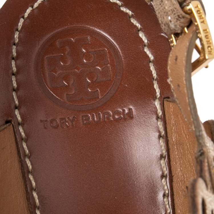 Pre Owned Tory Burch Shimmery Gold Laser Cut Leather Nori Cork Wedges Platform Sandals Size 39