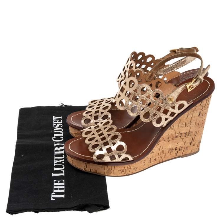 Pre Owned Tory Burch Shimmery Gold Laser Cut Leather Nori Cork Wedges Platform Sandals Size 39