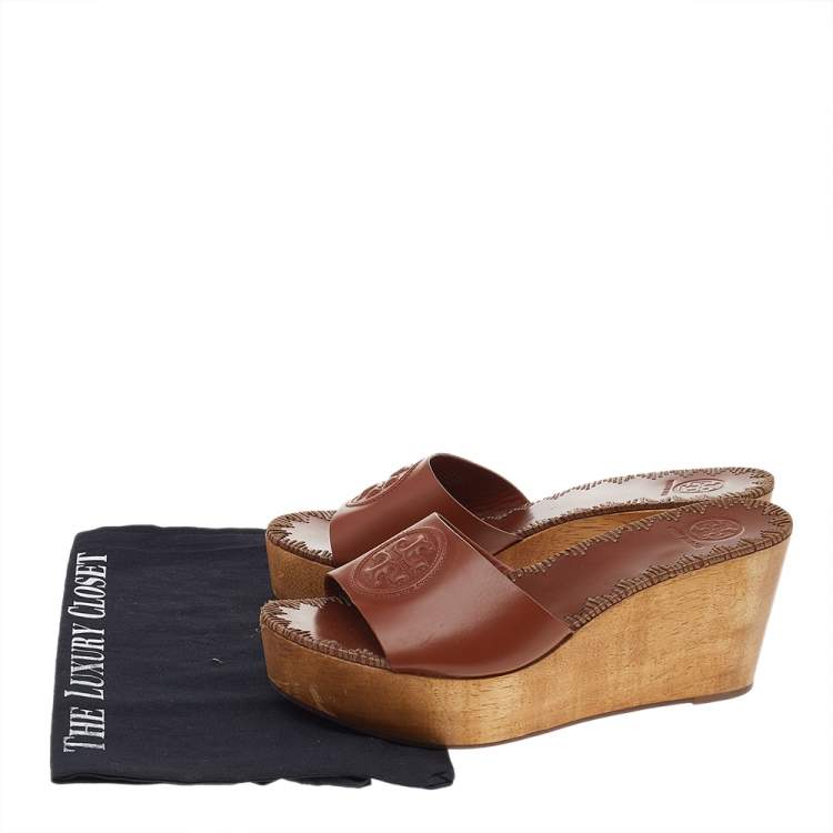 Pre Owned Tory Burch Brown Leather Platform Wedge Sandals Size 38