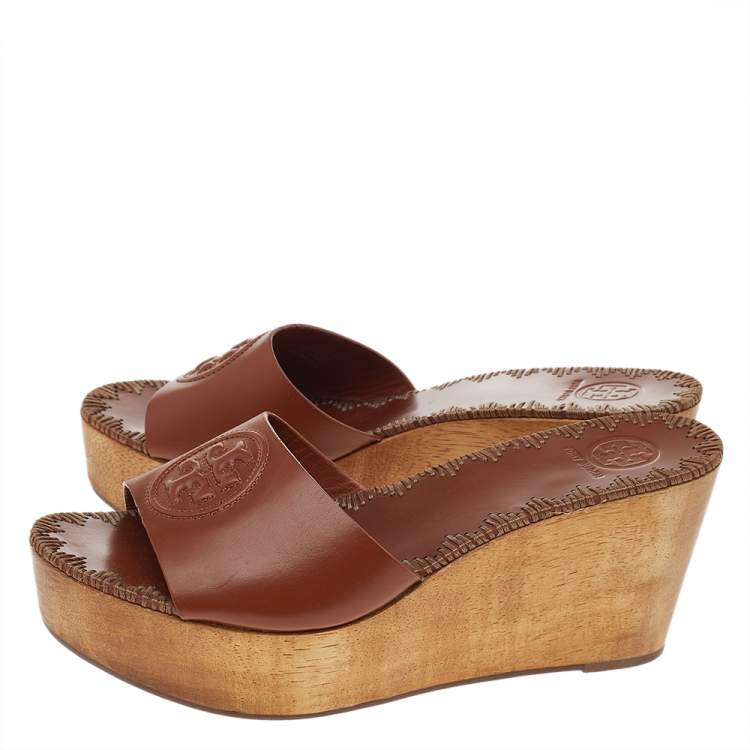 Pre Owned Tory Burch Brown Leather Platform Wedge Sandals Size 38