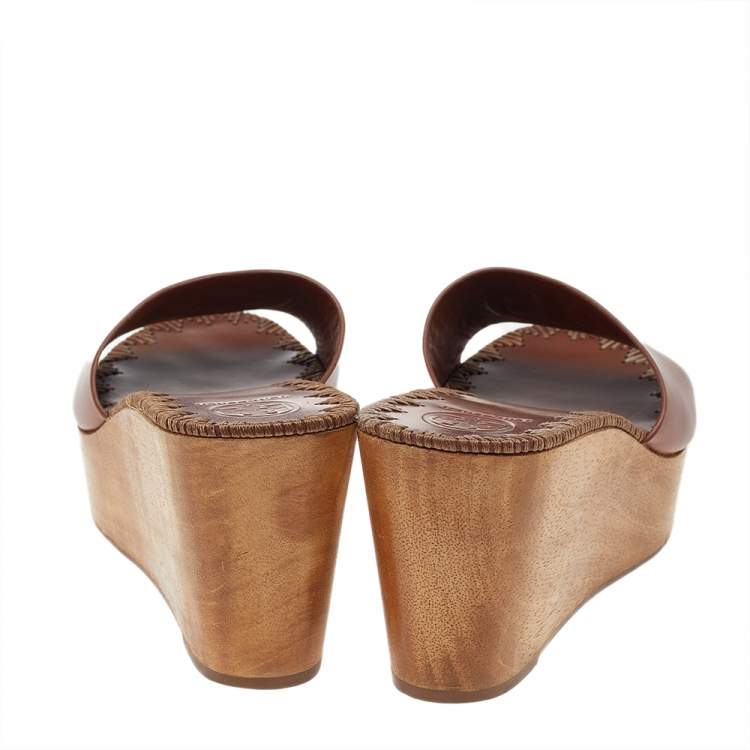 Pre Owned Tory Burch Brown Leather Platform Wedge Sandals Size 38