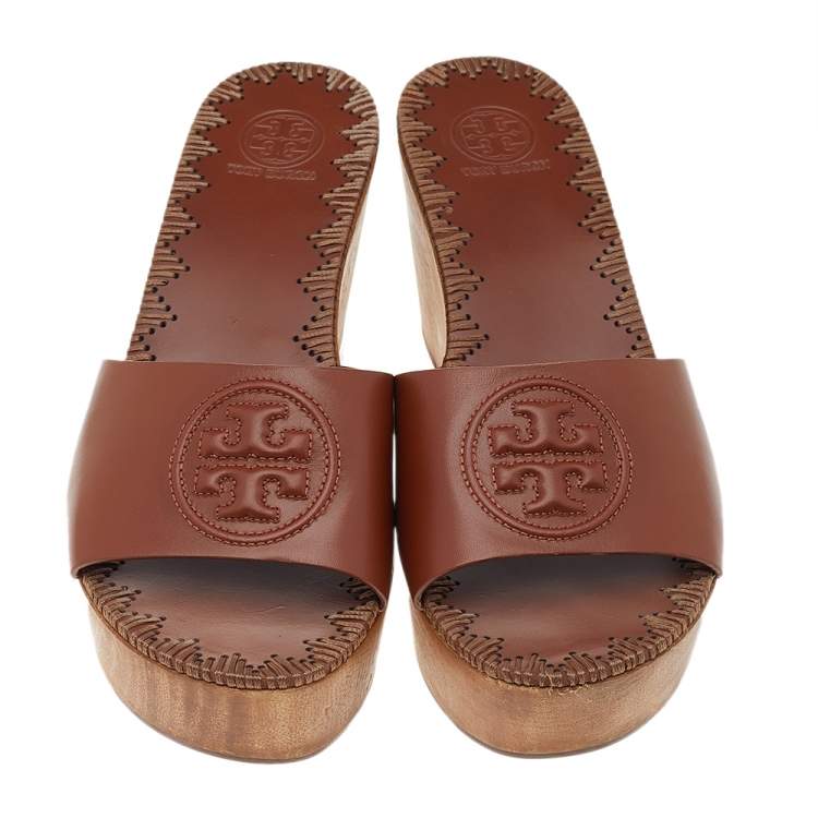 Pre Owned Tory Burch Brown Leather Platform Wedge Sandals Size 38