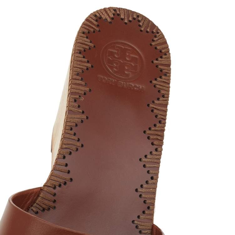 Pre Owned Tory Burch Brown Leather Platform Wedge Sandals Size 38