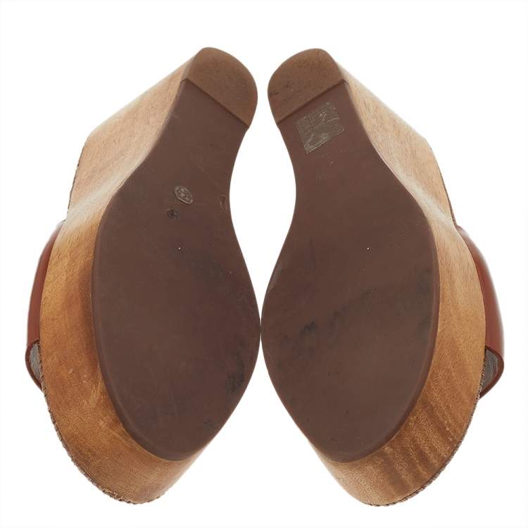 Pre Owned Tory Burch Brown Leather Platform Wedge Sandals Size 38
