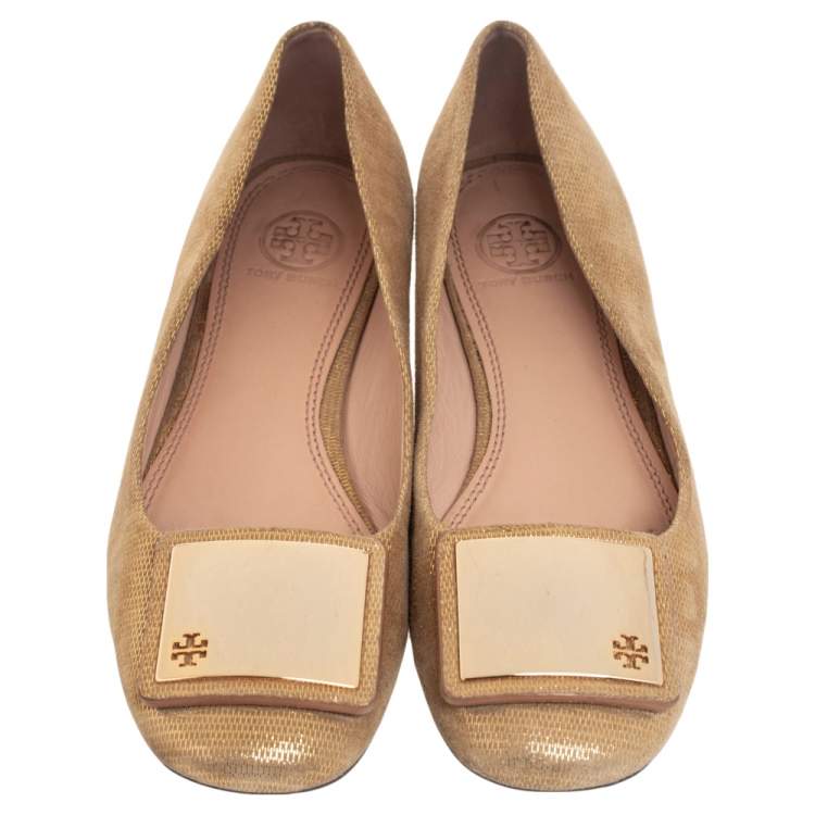 Pre Owned Tory Burch Gold Suede Ballet Flats Size 37