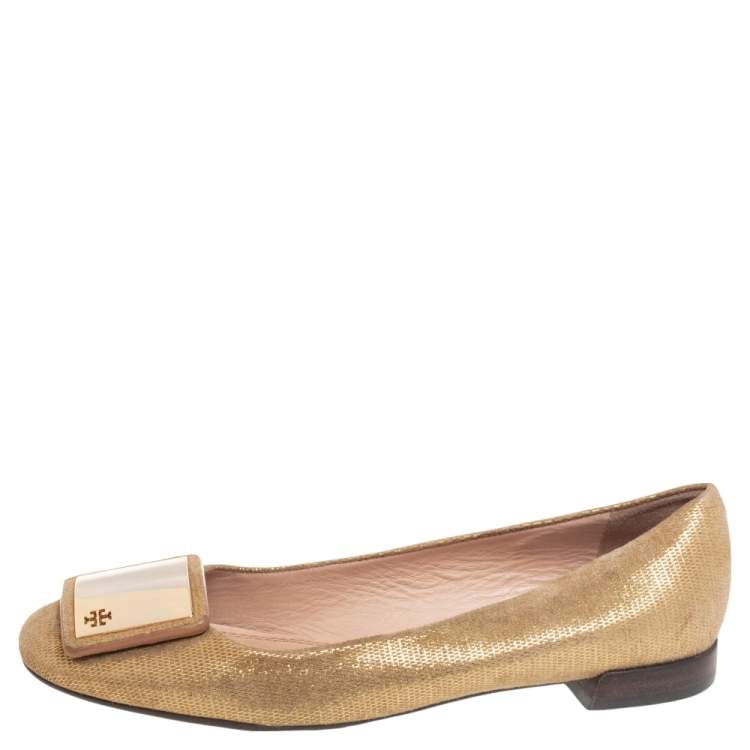 Pre Owned Tory Burch Gold Suede Ballet Flats Size 37