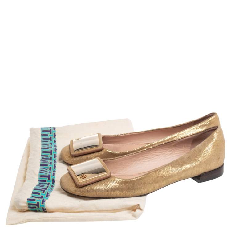 Pre Owned Tory Burch Gold Suede Ballet Flats Size 37
