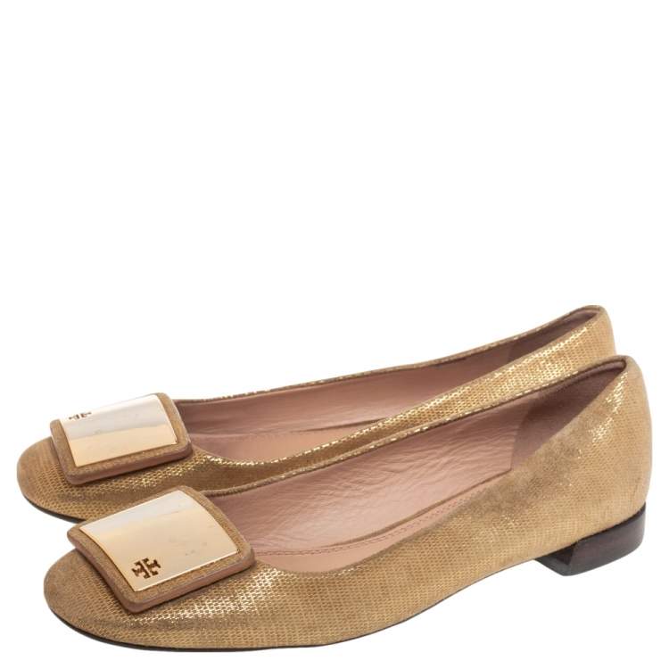 Pre Owned Tory Burch Gold Suede Ballet Flats Size 37