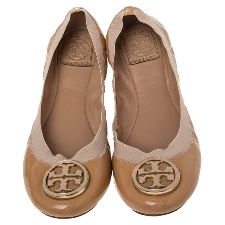 Pre Owned Tory Burch Beige Patent Leather Scrunch Ballet Flats Size 37