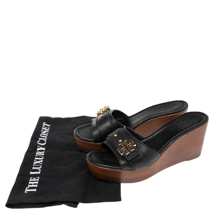 Pre Owned Tory Burch Black Leather Elina Wedge Platform Sandals Size 37