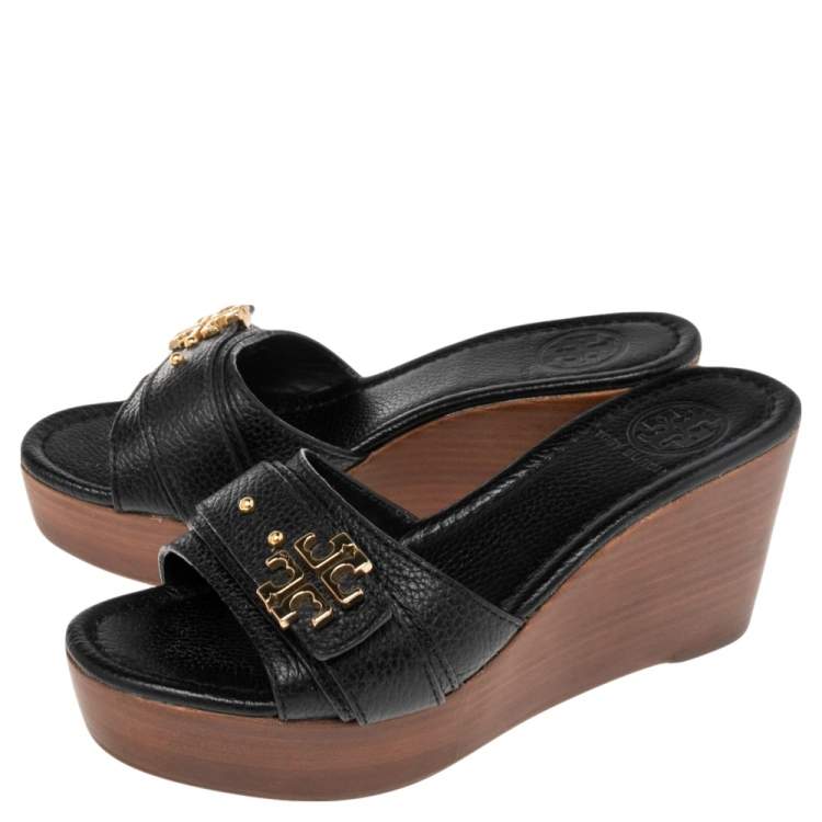 Pre Owned Tory Burch Black Leather Elina Wedge Platform Sandals Size 37