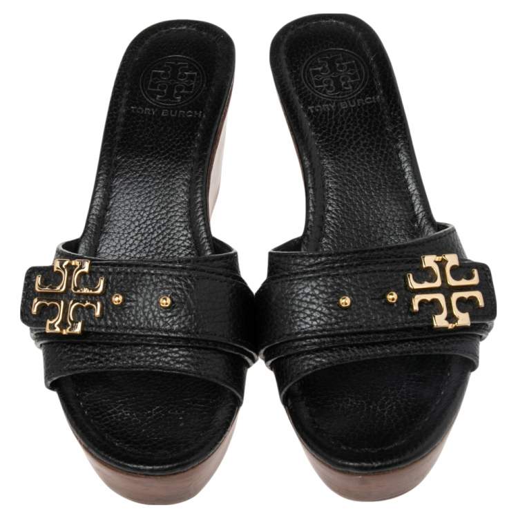 Pre Owned Tory Burch Black Leather Elina Wedge Platform Sandals Size 37