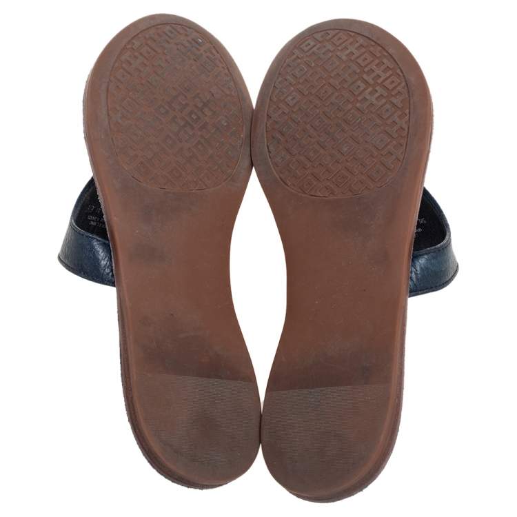 Pre Owned Tory Burch Navy Blue Leather Thong Sandals Size 36.5