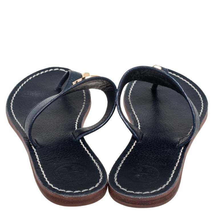 Pre Owned Tory Burch Navy Blue Leather Thong Sandals Size 36.5