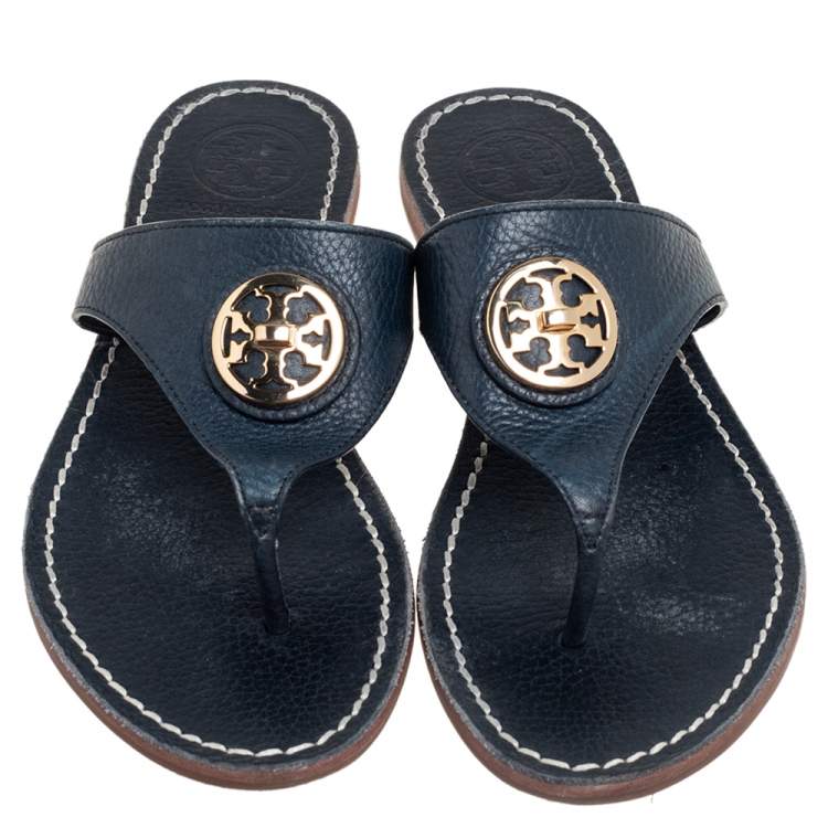 Pre Owned Tory Burch Navy Blue Leather Thong Sandals Size 36.5