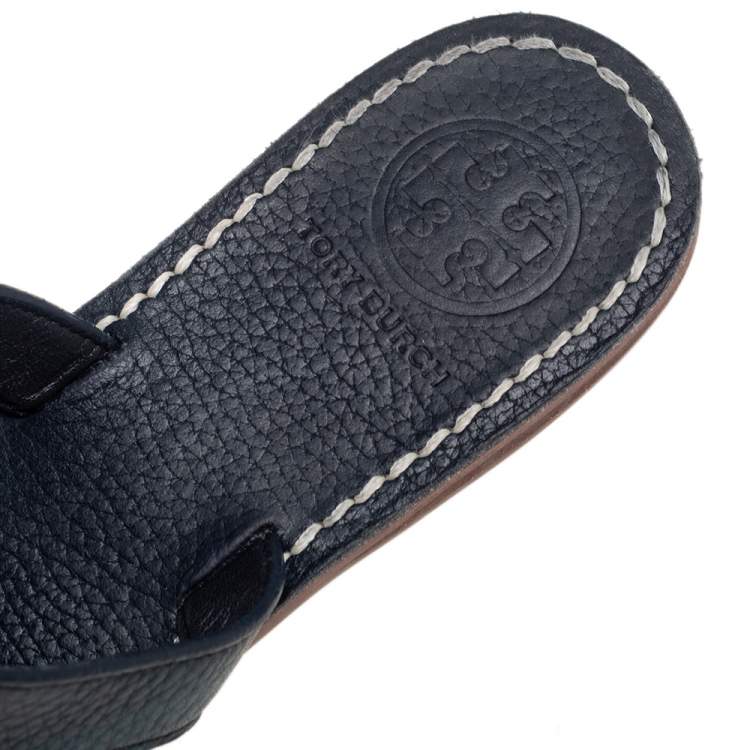 Pre Owned Tory Burch Navy Blue Leather Thong Sandals Size 36.5