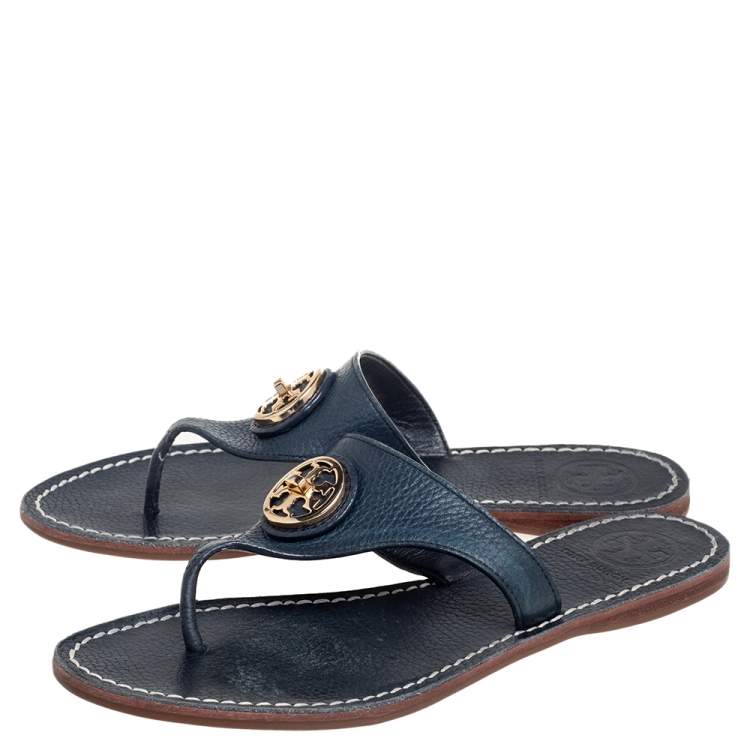 Pre Owned Tory Burch Navy Blue Leather Thong Sandals Size 36.5