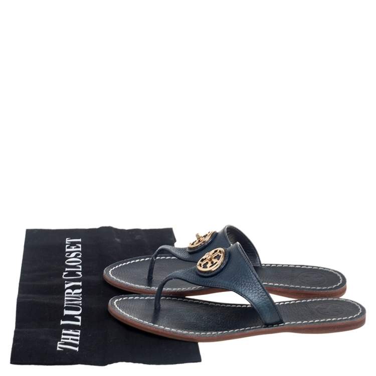 Pre Owned Tory Burch Navy Blue Leather Thong Sandals Size 36.5