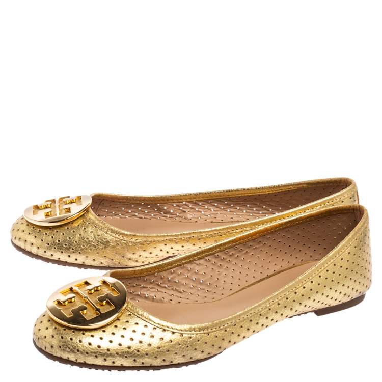 Pre Owned Tory Burch Gold Leather Reva Ballet Flats Size 40.5